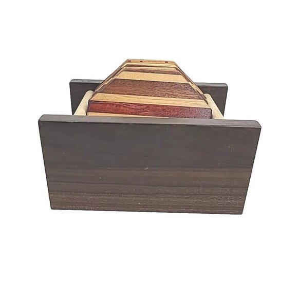 Set Of 8 Wooden Drink Coasters W/Holder Handmade USA Walnut Acacia Cherry Wood - Picture 4 of 16